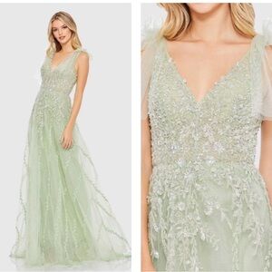 Max Duggal EMBELLISHED SOFT TIE SLEEVELESS V NECK GOWN Sage NWT